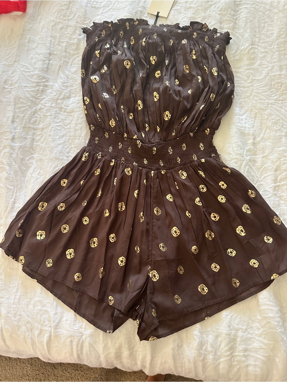 Elan Brown Strapless Romper with Gold Spot Accents